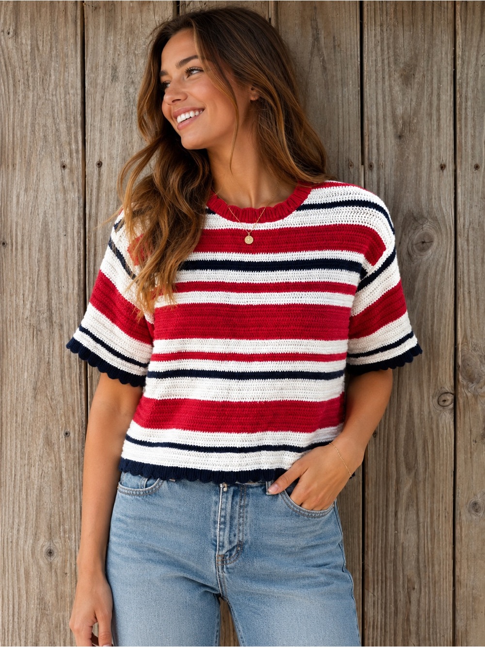 Universal Thread Red White & Navy Striped Crochet Knit Sweater Top